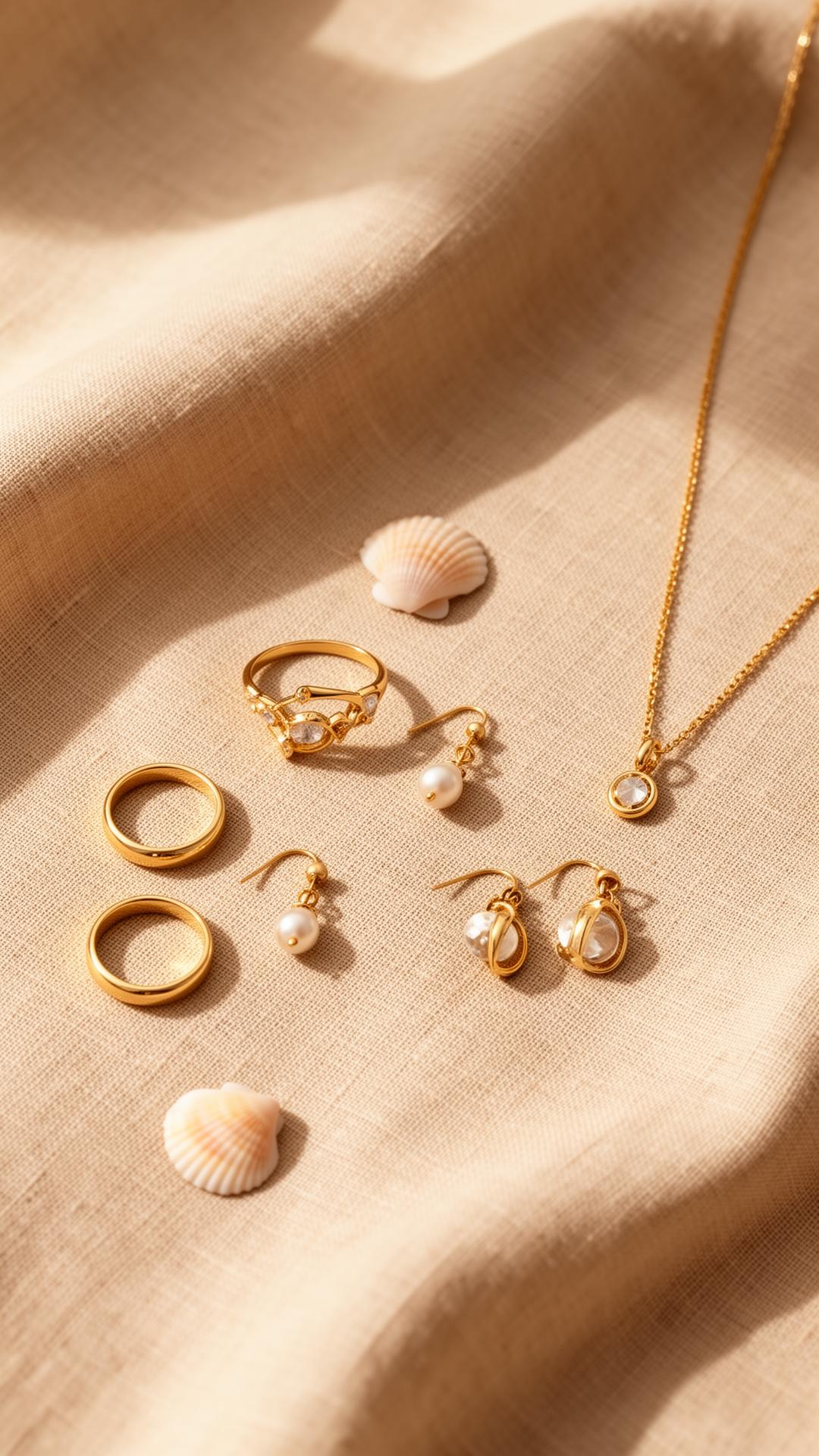 Bao jewelry flatlay on warm beige linen